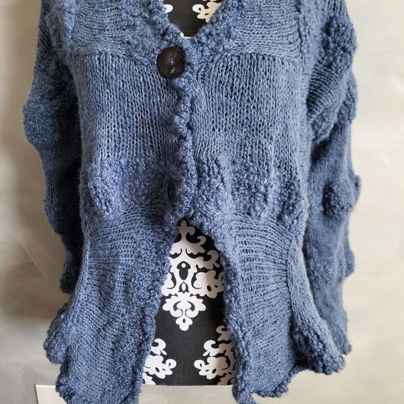 AMANO CHUNKY KNIT Dusty BLUE WOOL CARDIGAN BUTTON SIZE S/M - Picture 7 of 13